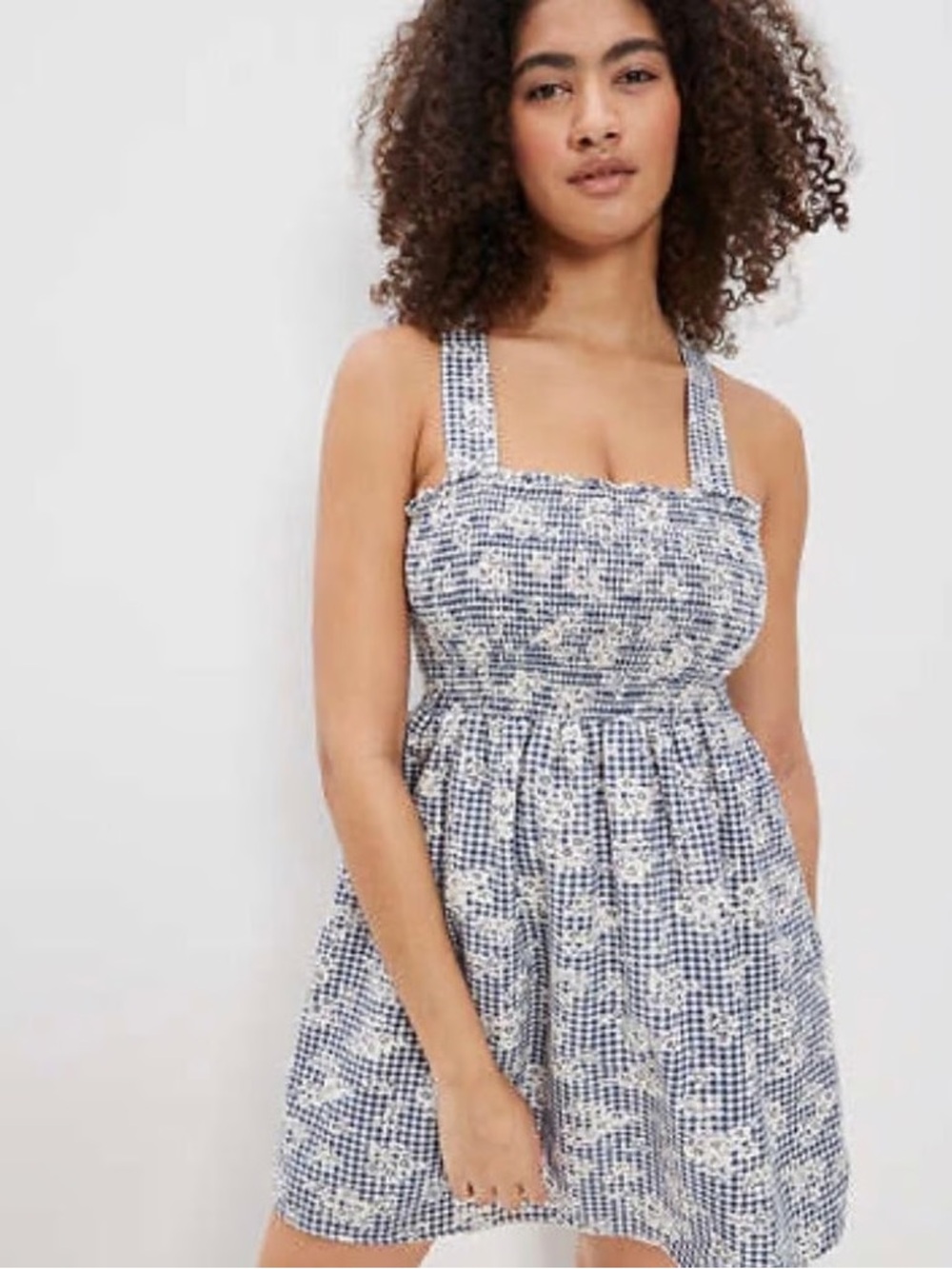 American Eagle Blue & White Floral Gingham Smocked Sleeveless Mini Dress XL